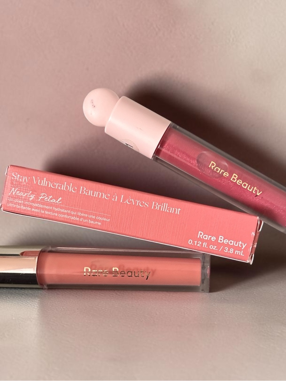 Rare Beauty Lip Balm Nearly Petal and Lip Gloss in shade Glimmer